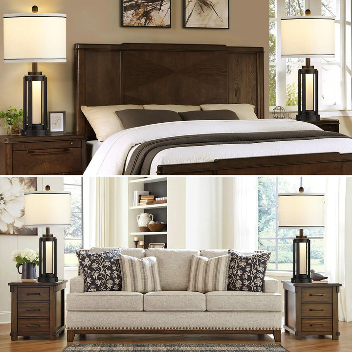 25 Inch Modern Table Lamps, Set of 2, Industrial, USB A+C, Glass Night Light