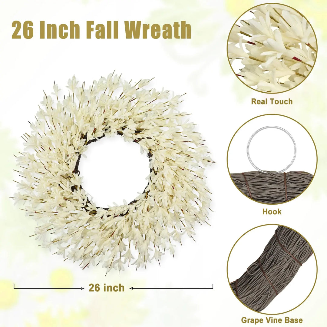 26 Inch Realistic Full Fall Wreath for Front Door Outside, Autumn Wreath, White