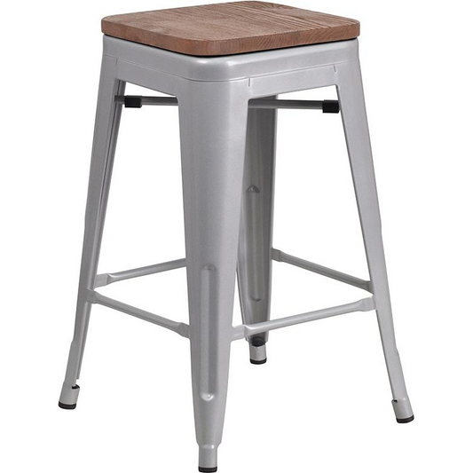 24" High Backless Silver Metal Counter Height Stool with Square Wood Seat Môdern Space Gallery