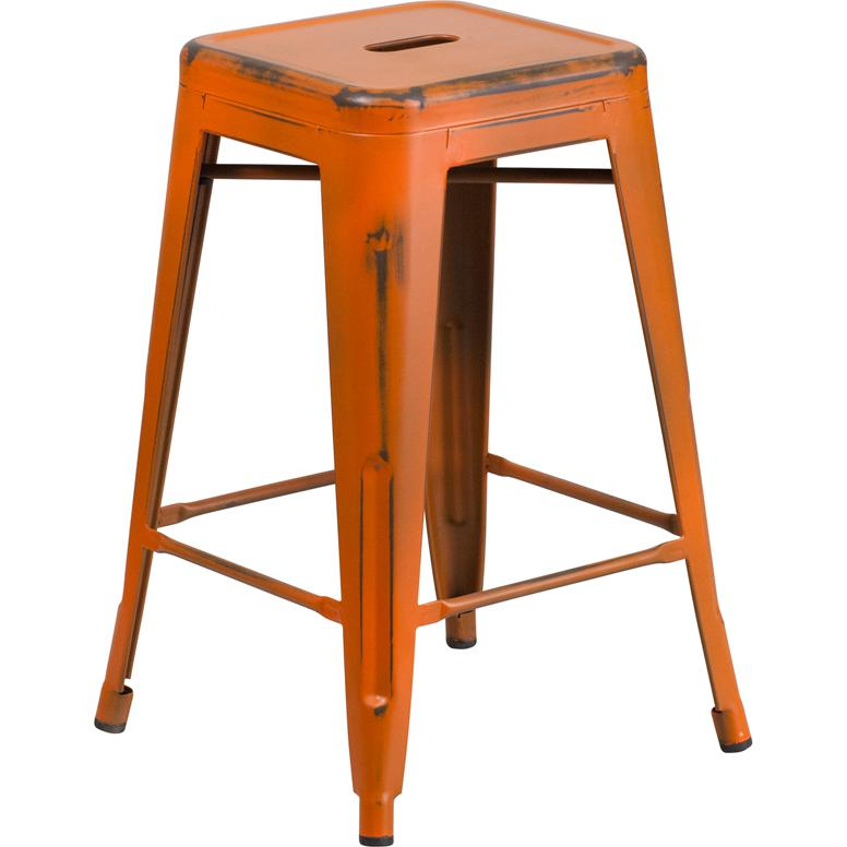 Commercial Grade 24" High Backless Distressed Orange Metal Indoor-Outdoor Counter Height Stool Môdern Space Gallery