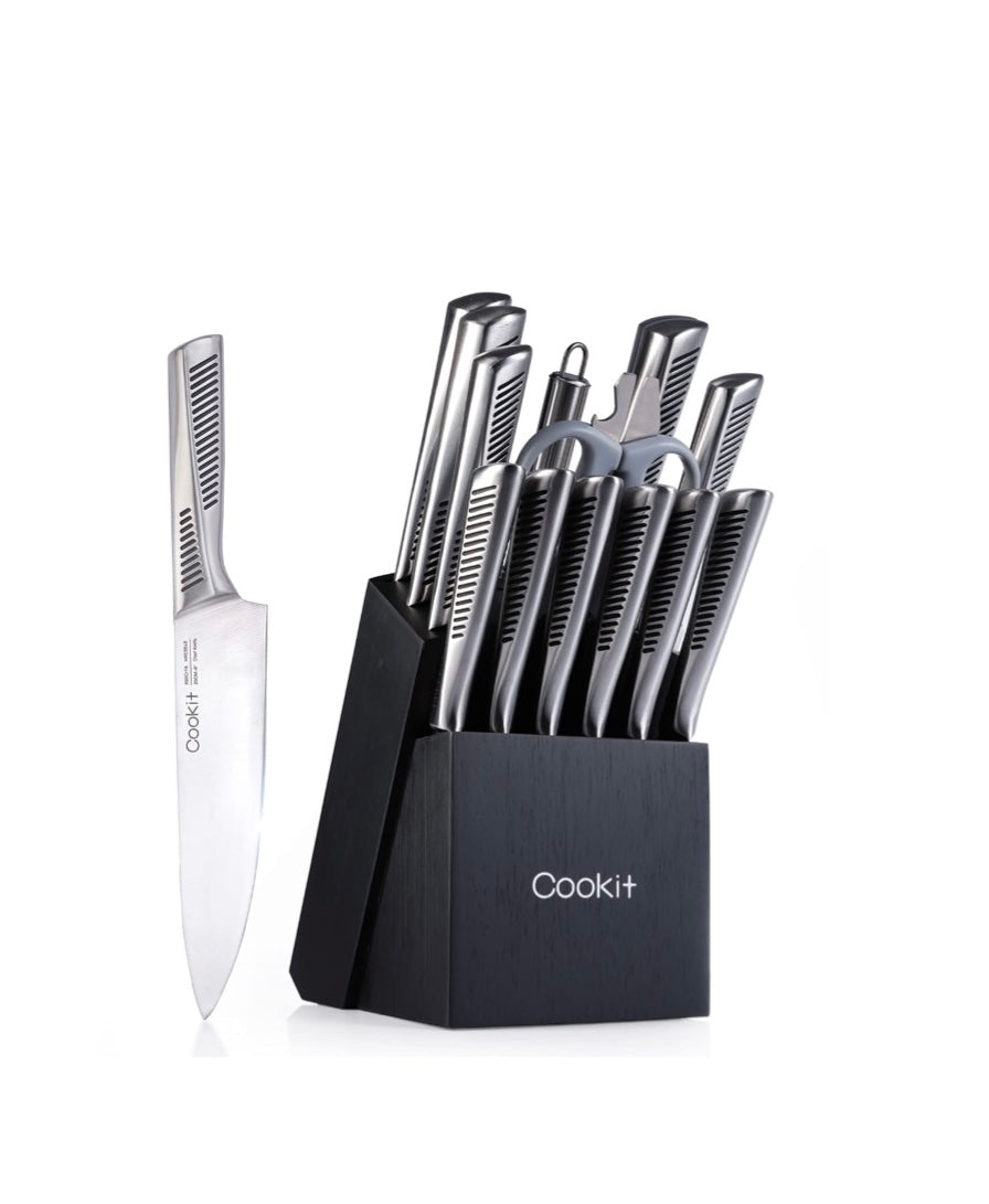 German Stainless Steel Kitchen Knives Set, 15-PC Knife Set with Block KERDOM