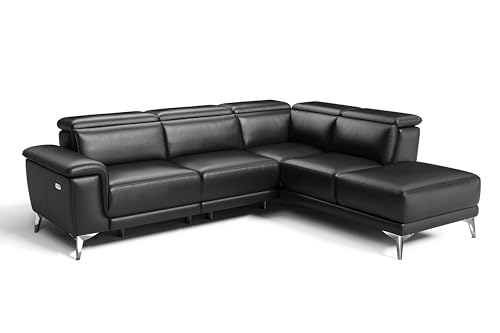 Valencia Pista Leather Reclining Sectional Sofa with Right Hand Chaise - Italian Nappa 11000 Top Grain Leather Couch - Power Reclining Seat with Leggett Adjustable Headrests - Black 