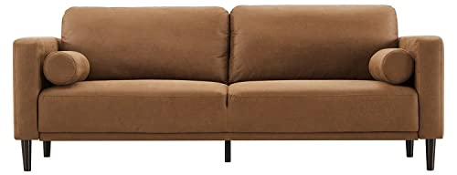 HIFIT Sofa Couches, 79” Mid-Century Modern Couch, Breathable Faux Leather Couch with Upholstered Cushions/Pillows, 3-Seat Sofas & Couches, for Living Room Apartment Office, Brown 