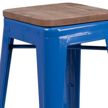 24" High Backless Blue Metal Counter Height Stool with Square Wood Seat Môdern Space Gallery