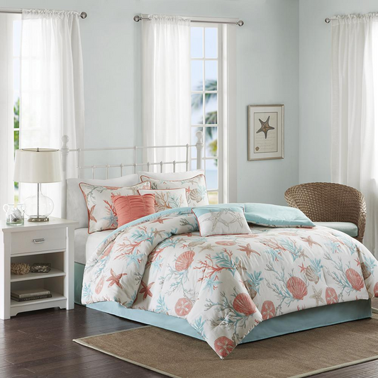Madison Park Pebble Beach Comforter Set, 7-PC, King, 100% Cotton - Coral/Teal