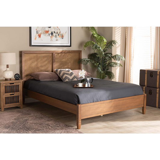 Walnut Brown Finished Wood and Synthetic Rattan Full Size Platform Bed Môdern Space Gallery