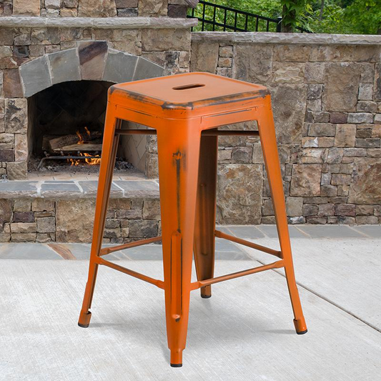 Commercial Grade 24" High Backless Distressed Orange Metal Indoor-Outdoor Counter Height Stool Môdern Space Gallery