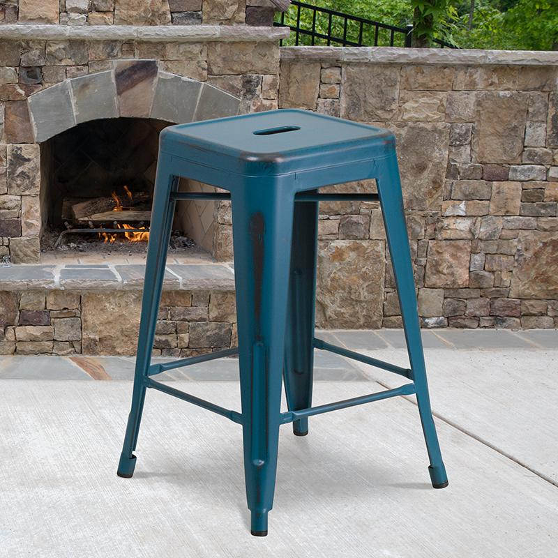 Commercial Grade 24" High Backless Distressed Antique Blue Metal Indoor-Outdoor Counter Height Stool Môdern Space Gallery