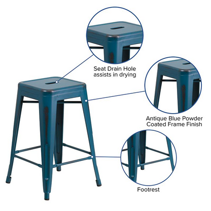 Commercial Grade 24" High Backless Distressed Antique Blue Metal Indoor-Outdoor Counter Height Stool Môdern Space Gallery