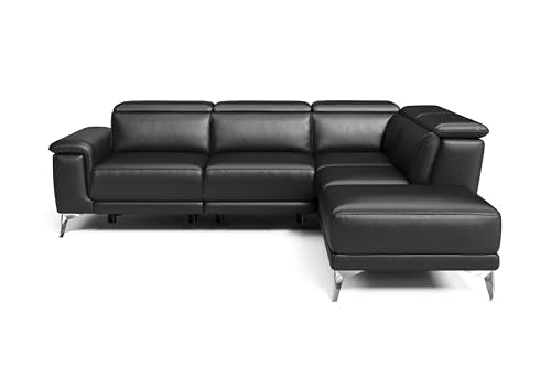 Valencia Pista Leather Reclining Sectional Sofa with Right Hand Chaise - Italian Nappa 11000 Top Grain Leather Couch - Power Reclining Seat with Leggett Adjustable Headrests - Black 