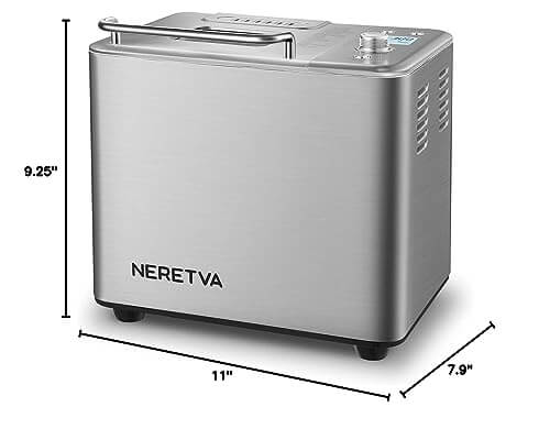 Neretva bread maker in silver, showcasing dimensions: 9.25" height, 11" width, 7.9" depth, ideal for making various breads.