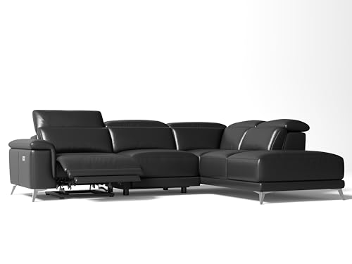 Valencia Pista Leather Reclining Sectional Sofa with Right Hand Chaise - Italian Nappa 11000 Top Grain Leather Couch - Power Reclining Seat with Leggett Adjustable Headrests - Black 