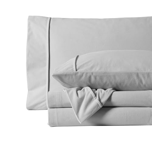 Flannel Sheets Queen Size Warm and Cozy Deep Pocket Breathable All Season Bedding Set with Fitted with Full Elastic & Built in Corner Sheet Straps, Flat and Pillowcases, Queen, Silver Sweet Home Collection