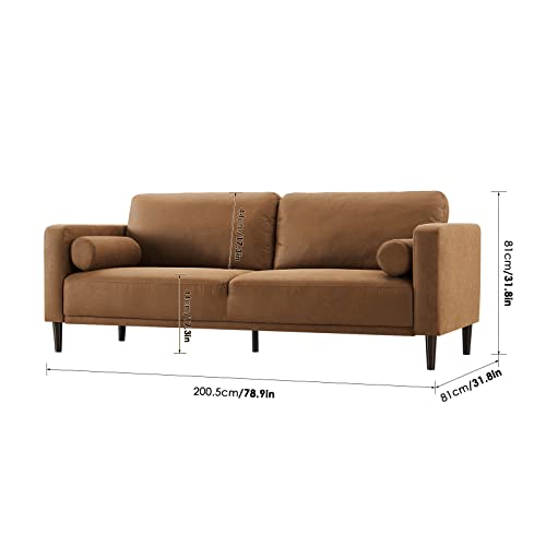 HIFIT Sofa Couches, 79” Mid-Century Modern Couch, Breathable Faux Leather Couch with Upholstered Cushions/Pillows, 3-Seat Sofas & Couches, for Living Room Apartment Office, Brown 