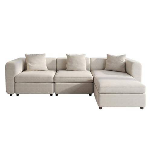 Miuuod 4 Seaters L Shape Oversized Sectional Sofa for Living Room,3 Seaters with 1 Ottoman,Modular Sofa,Convertible Leisure Couch,Deep Sleeper Couches, Beige,115.24" L 