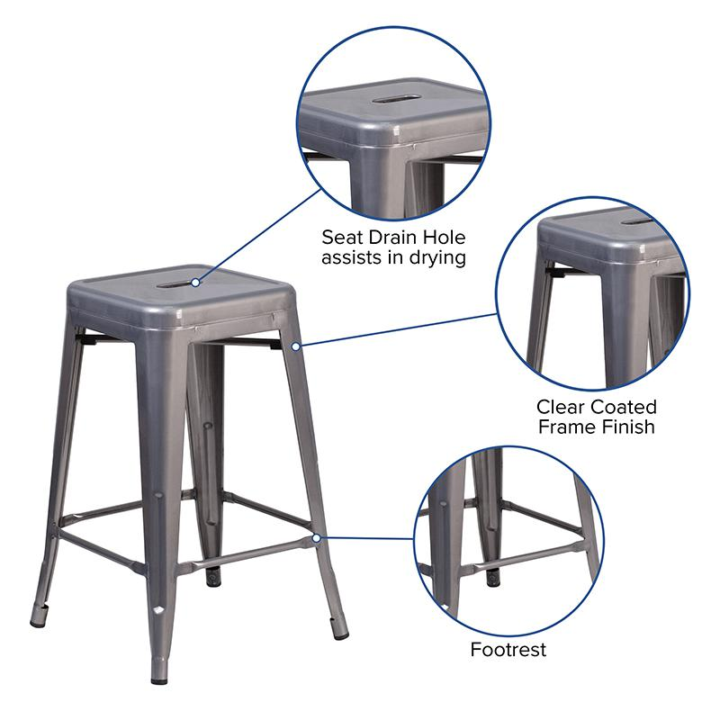 24'' High Backless Clear Coated Metal Indoor Counter Height Stool with Square Seat Môdern Space Gallery