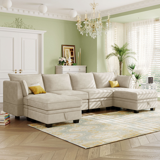 VTNG Furniture U-Shape Modular Sectional Sofa, Beige
