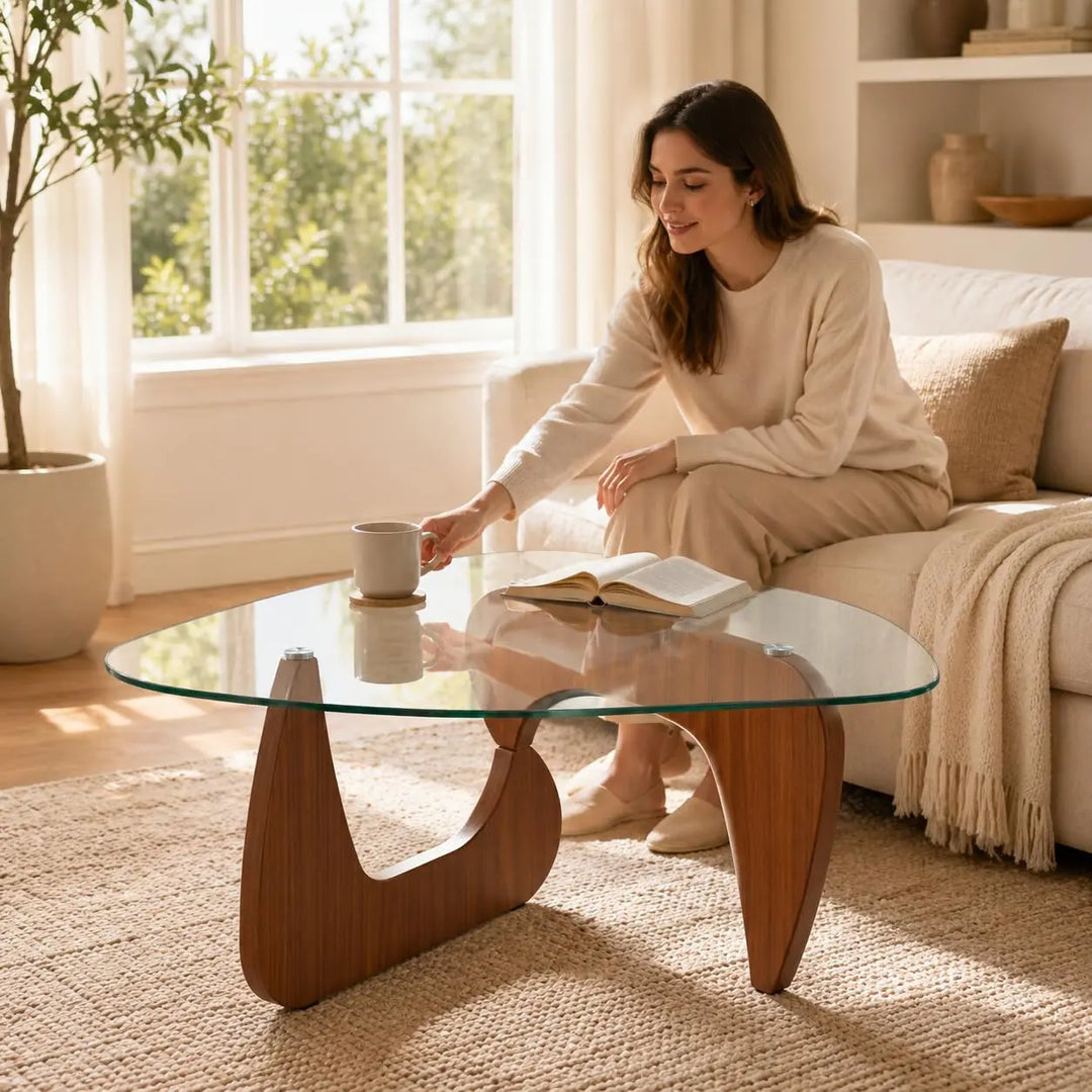 35.8" Glass Coffee Table, Modern Coffee Tables for Living Room, Organic Round Coffee Table with Clear Tempered Glass Top and Walnut Finish Wood Base, Small Center Table, Mesa de Centro para Sala