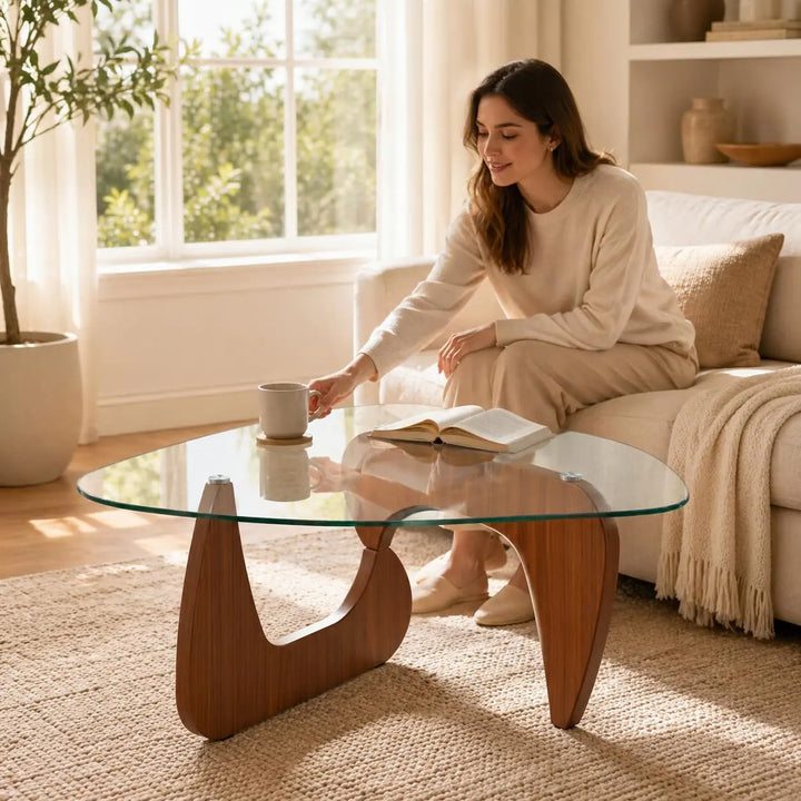 35.8" Glass Coffee Table, Modern Coffee Tables for Living Room, Organic Round Coffee Table with Clear Tempered Glass Top and Walnut Finish Wood Base, Small Center Table, Mesa de Centro para Sala