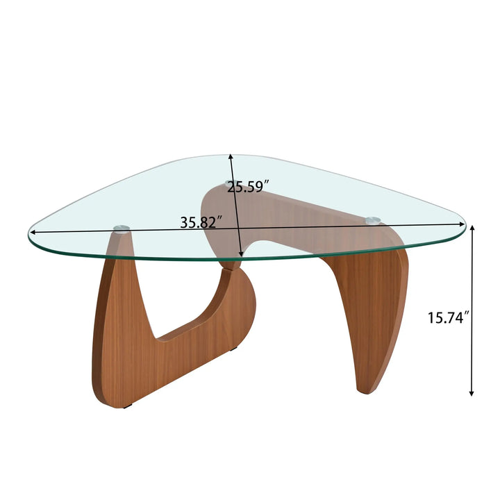 35.8" Glass Coffee Table, Modern Coffee Tables for Living Room, Organic Round Coffee Table with Clear Tempered Glass Top and Walnut Finish Wood Base, Small Center Table, Mesa de Centro para Sala