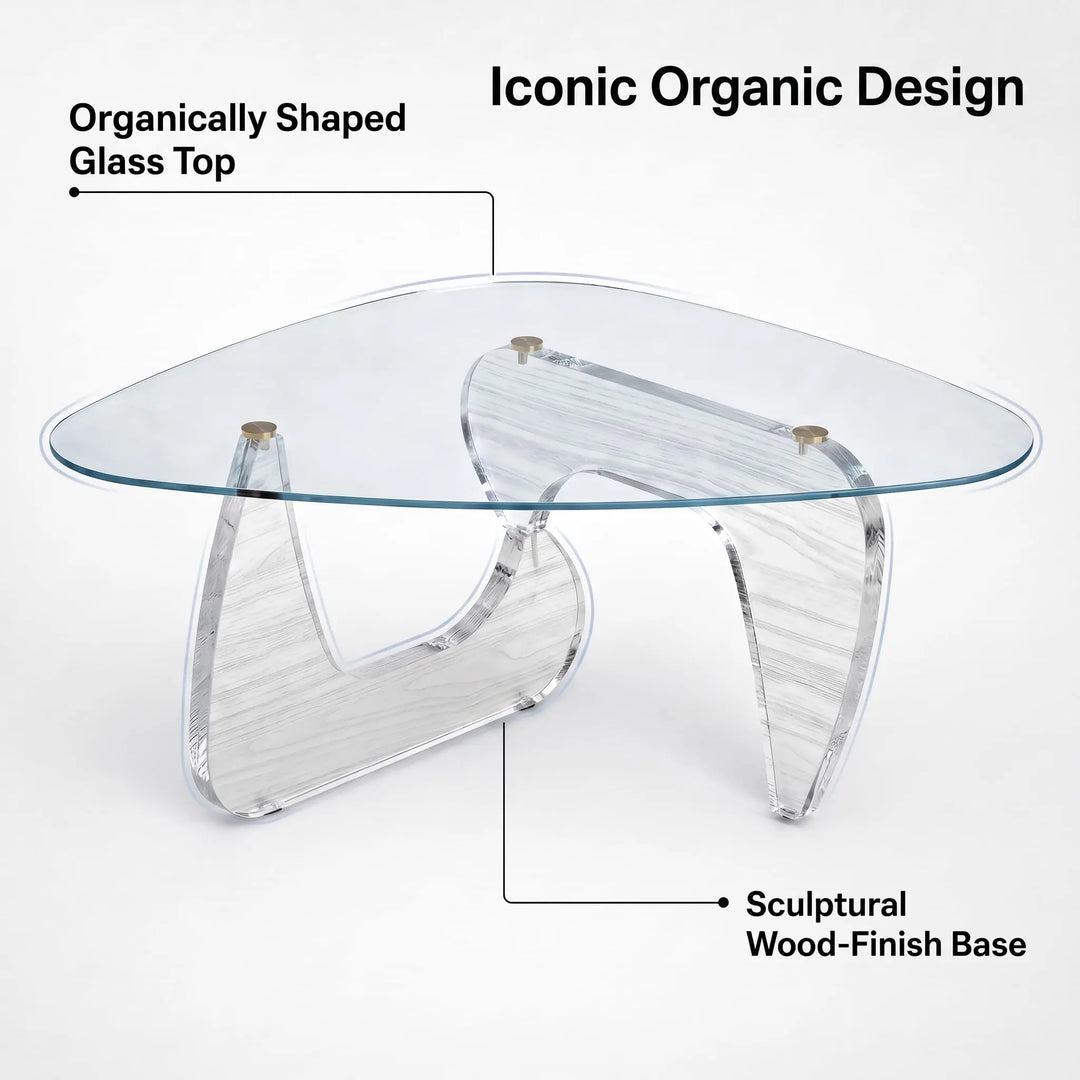 35.8" Glass Coffee Table, Modern Coffee Tables for Living Room, Organic Round Coffee Table with Clear Tempered Glass Top and Walnut Finish Wood Base, Small Center Table, Mesa de Centro para Sala