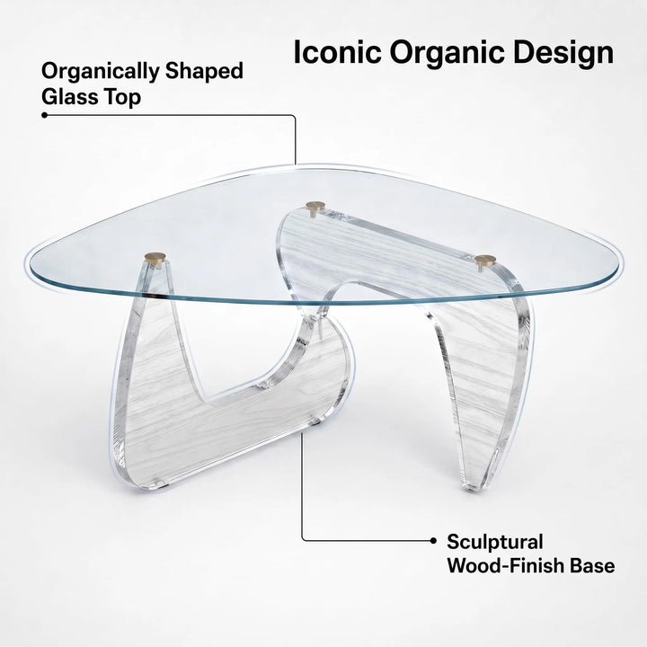 35.8" Glass Coffee Table, Modern Coffee Tables for Living Room, Organic Round Coffee Table with Clear Tempered Glass Top and Walnut Finish Wood Base, Small Center Table, Mesa de Centro para Sala