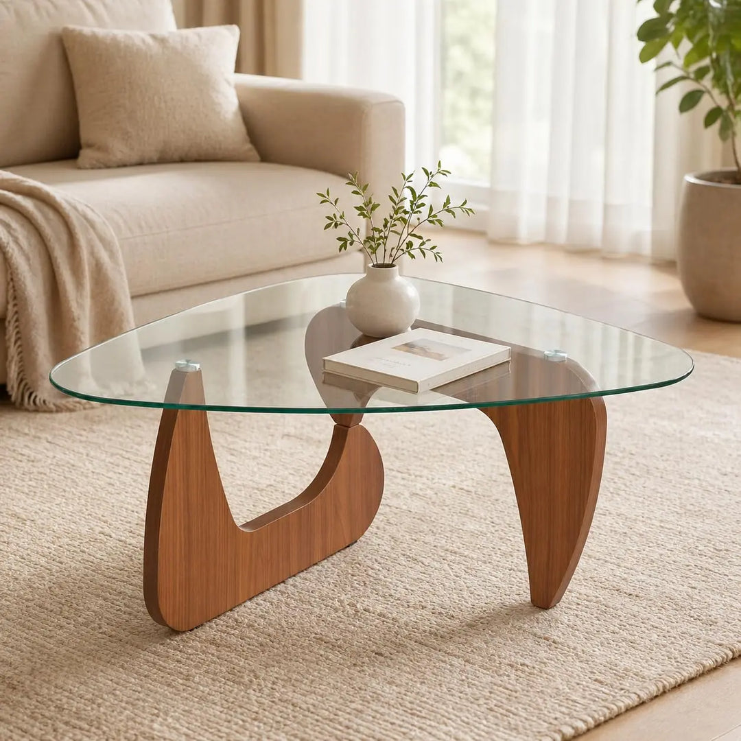35.8" Glass Coffee Table, Modern Coffee Tables for Living Room, Organic Round Coffee Table with Clear Tempered Glass Top and Walnut Finish Wood Base, Small Center Table, Mesa de Centro para Sala