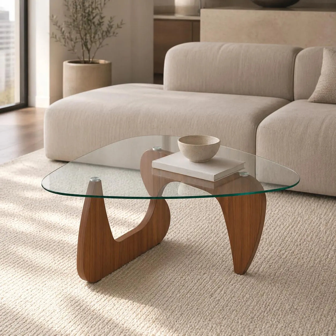 35.8" Glass Coffee Table, Modern Coffee Tables for Living Room, Organic Round Coffee Table with Clear Tempered Glass Top and Walnut Finish Wood Base, Small Center Table, Mesa de Centro para Sala