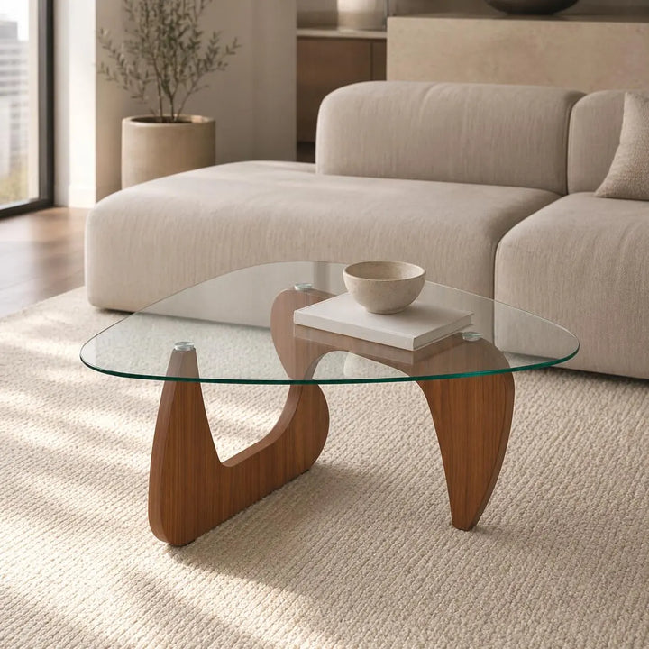 35.8" Glass Coffee Table, Modern Coffee Tables for Living Room, Organic Round Coffee Table with Clear Tempered Glass Top and Walnut Finish Wood Base, Small Center Table, Mesa de Centro para Sala