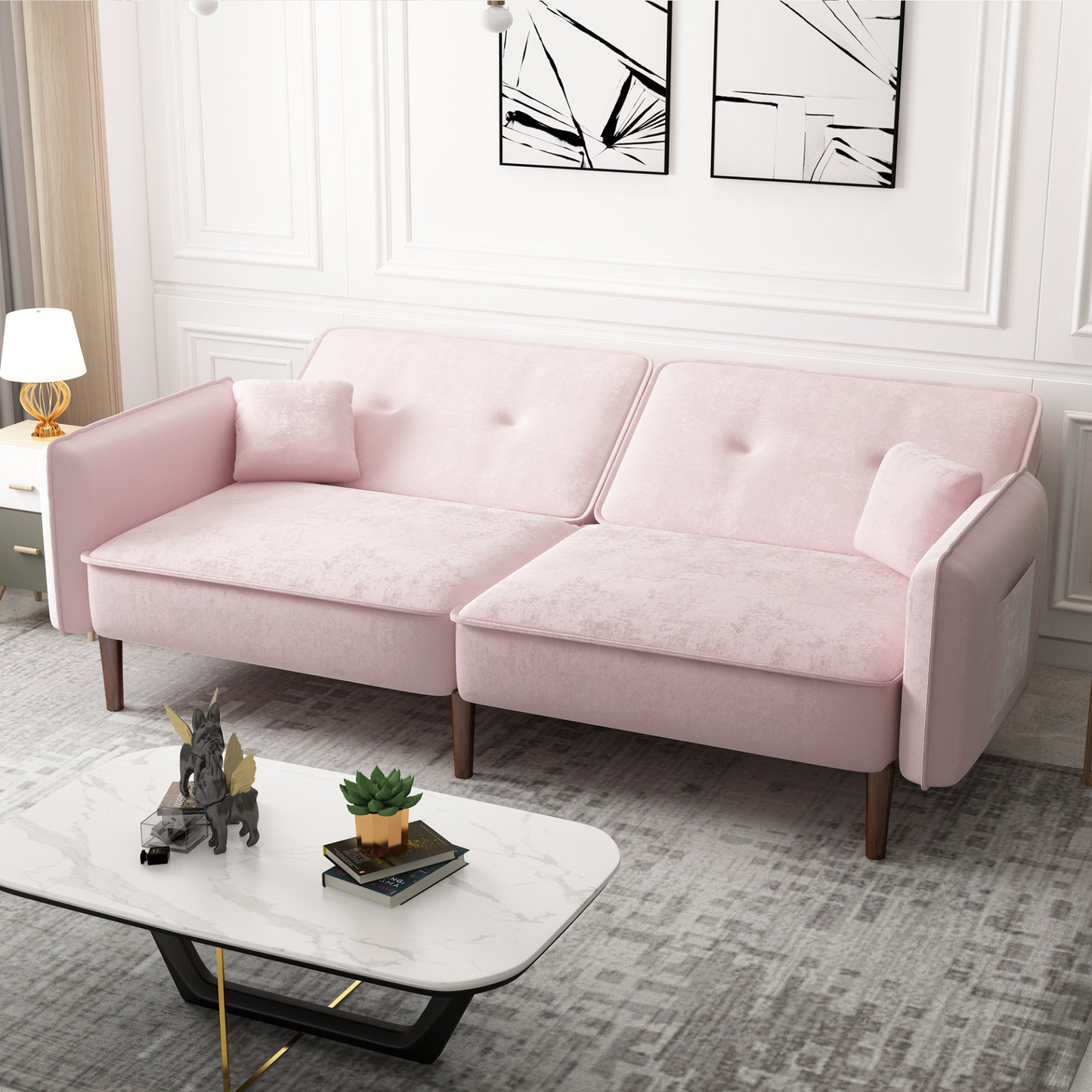 VTNG Convertible Sofa Bed Velvet Pink