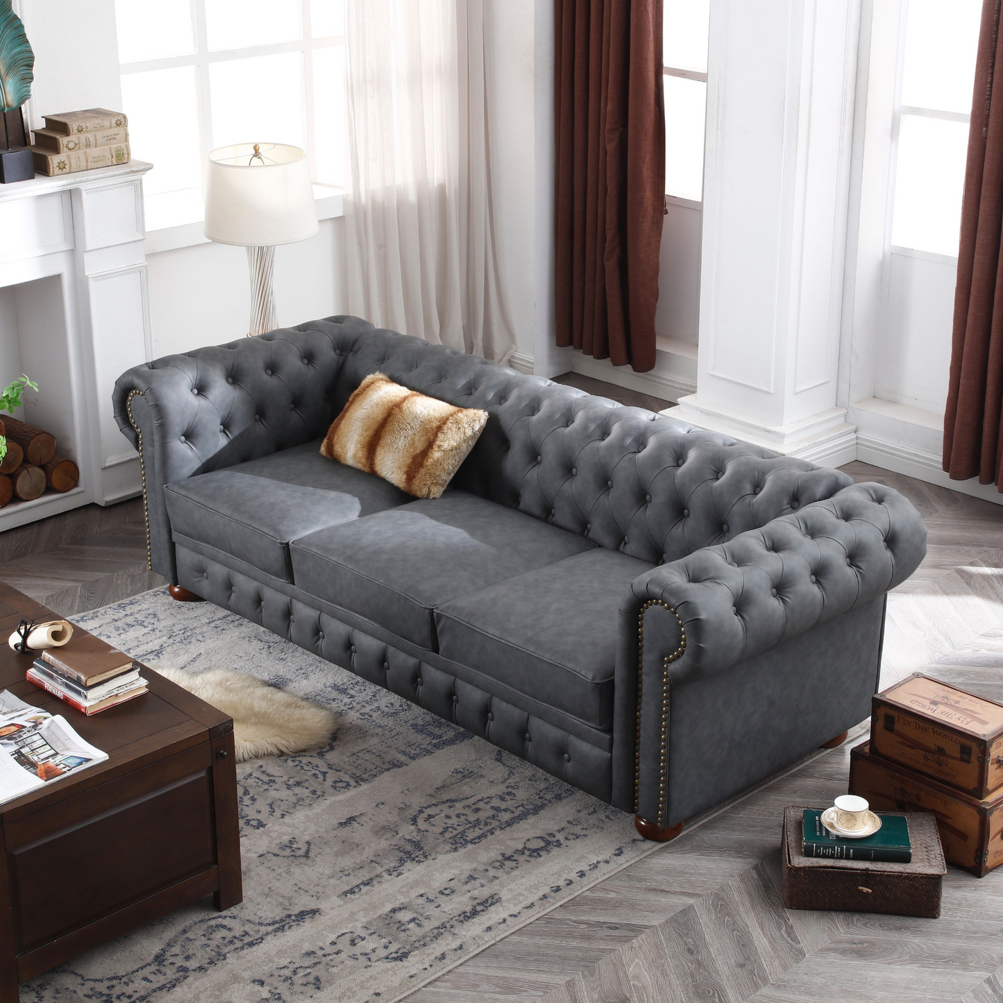 Grey Faux Leather Chesterfield Sofa