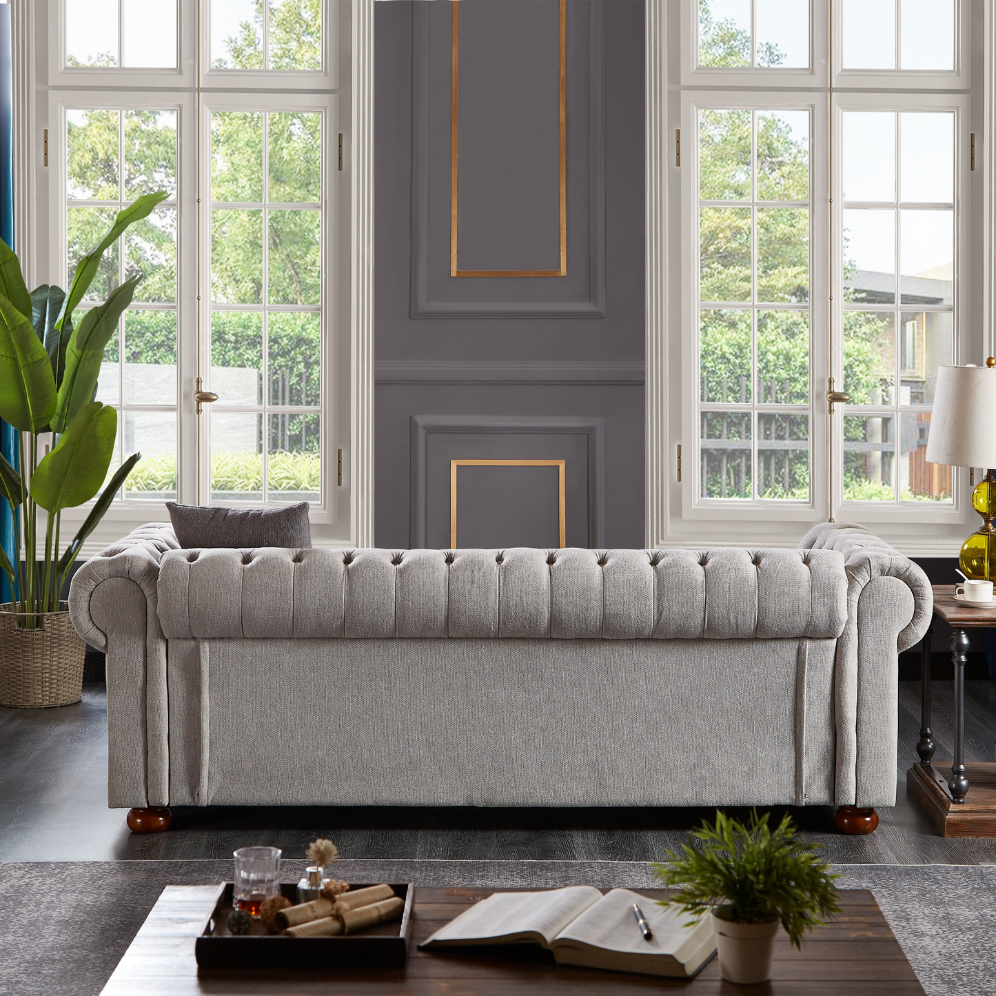 Chesterfield Sofa In Linen Fabric - Light Grey