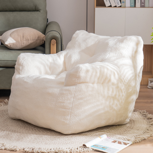 Soft Tufted Foam Bean Bag Chair With Teddy Fabric Ivory White Môdern Space Gallery