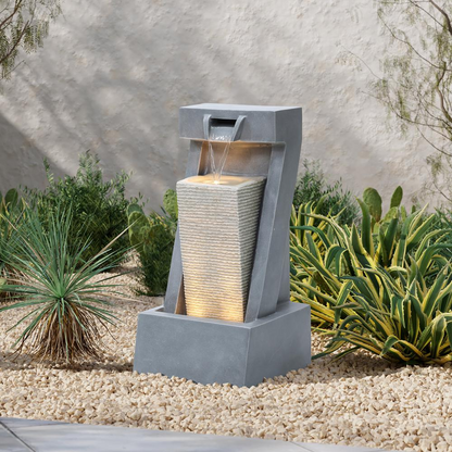 Gray Resin 2-Column Sculpture Outdoor Fountain with Lights Môdern Space Gallery