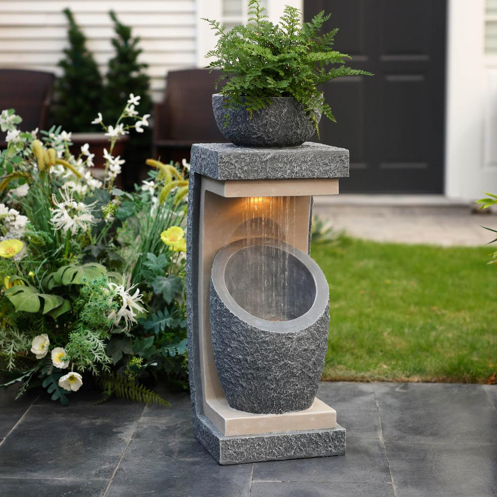 Gray Resin Column and Bowl Sculpture Outdoor Fountain with Lights Môdern Space Gallery