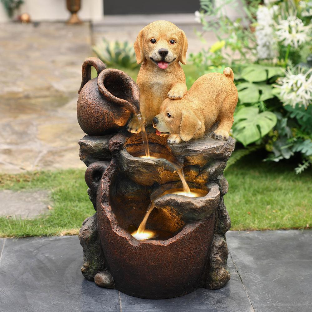 Puppy Friends Farmhouse Resin Outdoor Fountain with Lights Môdern Space Gallery