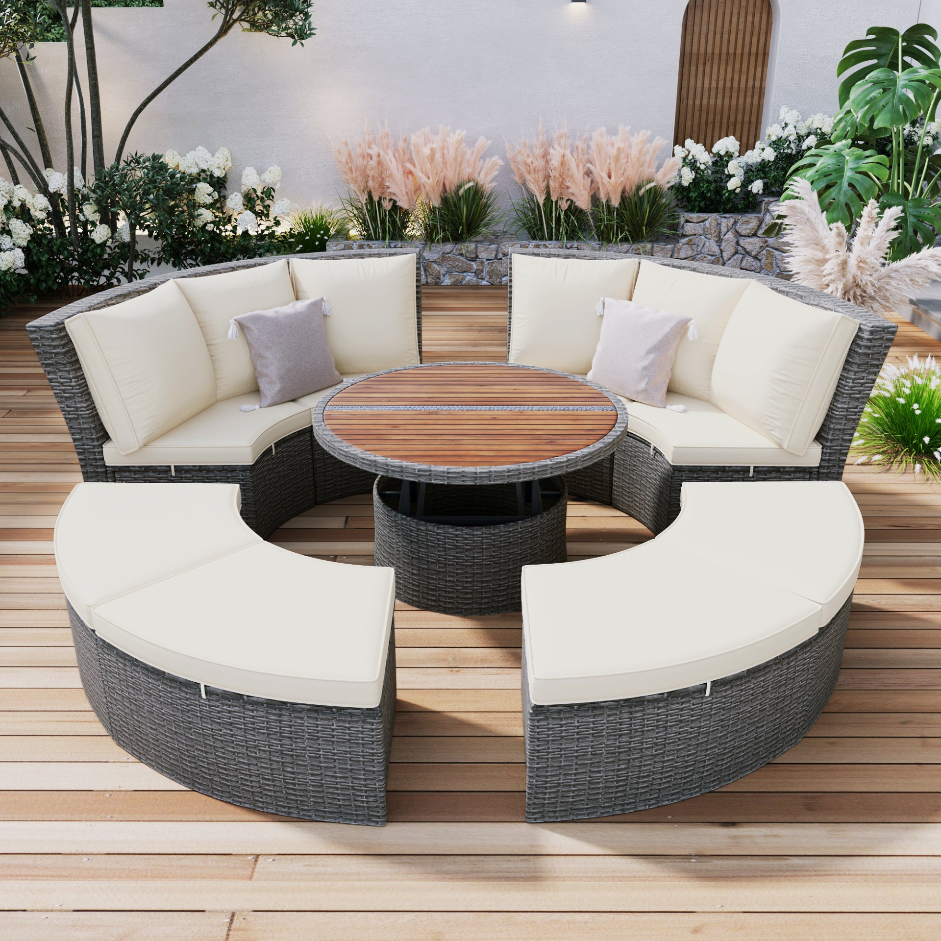 Patio 5-Piece Round Rattan Sectional Sofa Set All-Weather PE Wicker Sunbed Daybed with Round Liftable Table and Washable Cushions for Outdoor Backyard Poolside, Beige Môdern Space Gallery