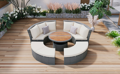 Patio 5-Piece Round Rattan Sectional Sofa Set All-Weather PE Wicker Sunbed Daybed with Round Liftable Table and Washable Cushions for Outdoor Backyard Poolside, Beige Môdern Space Gallery