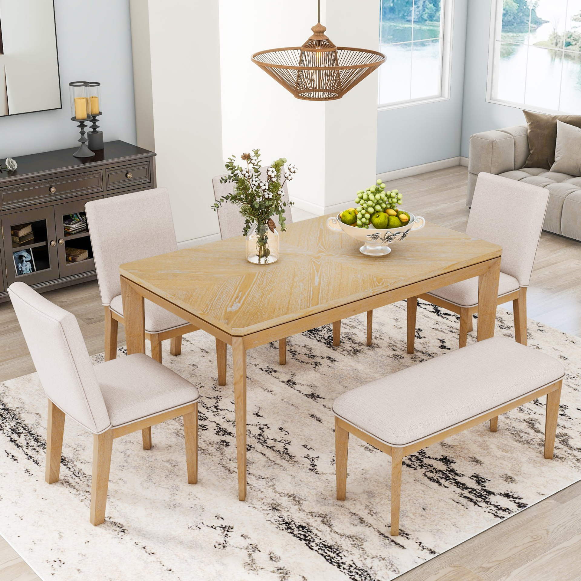 6-Piece Dining Table Set with Upholstered Dining Chairs and Bench,Farmhouse Style, Tapered Legs, Natural+Beige Môdern Space Gallery