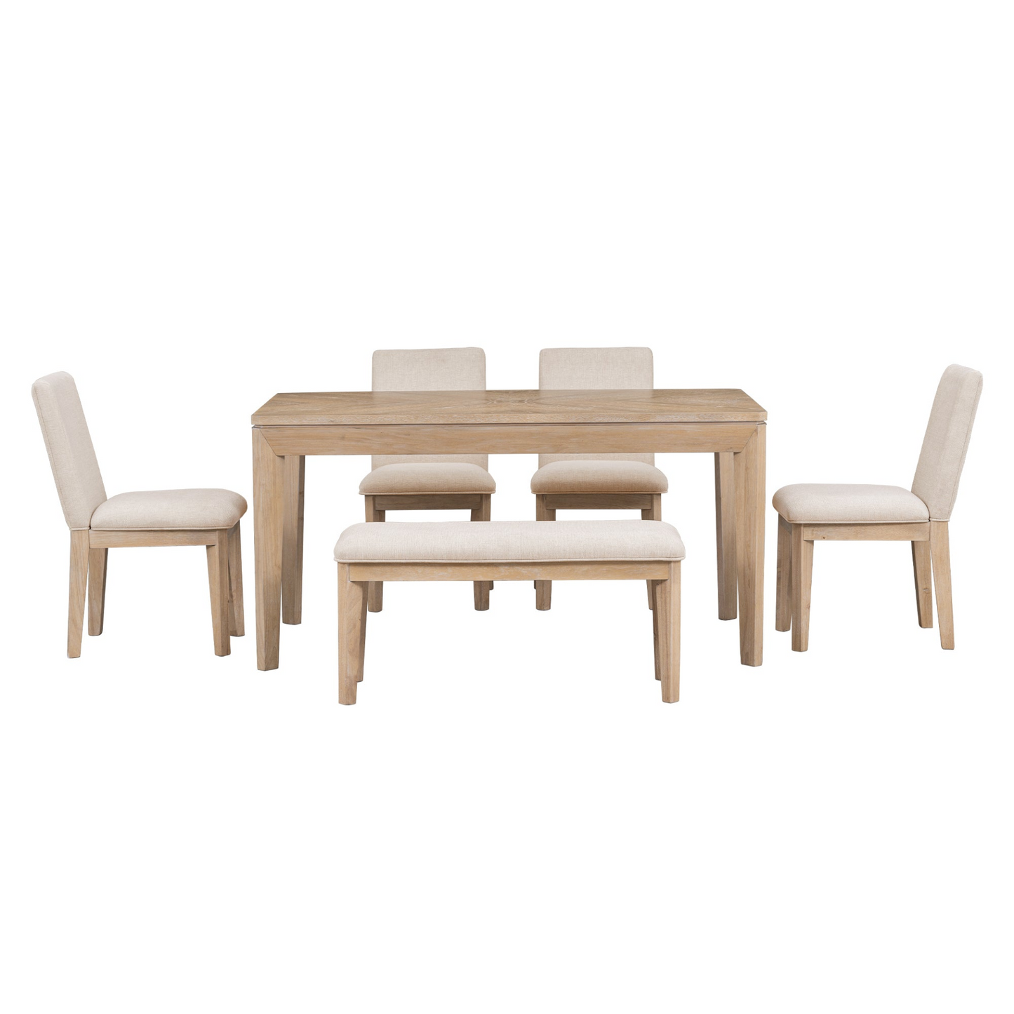 6-Piece Dining Table Set with Upholstered Dining Chairs and Bench,Farmhouse Style, Tapered Legs, Natural+Beige Môdern Space Gallery