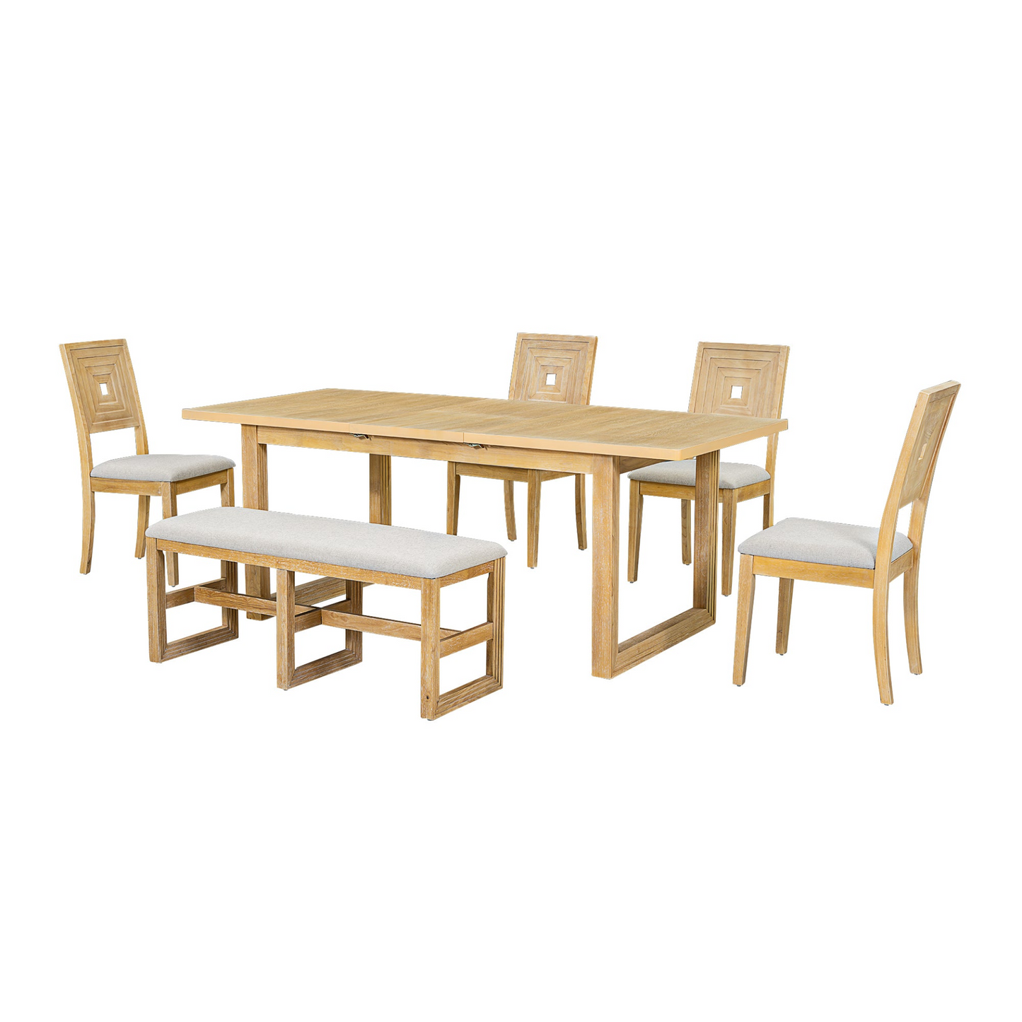Modern 78inch 6-Piece Extendable Dining Table Set, 4 Upholstered Dining Chairs and Dining Bench, 18" Butterfly Leaf, Natural Môdern Space Gallery