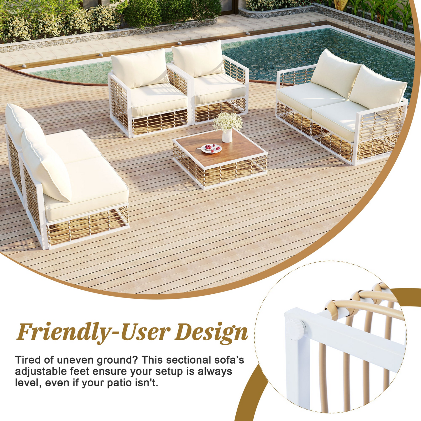 Modern Minimalist 7-Piece Metal Patio Sectional Sofa Set, All-Weather Garden Conversational Furniture Set with Thick Cushions and Coffee Table for Indoor Outdoor, White Môdern Space Gallery