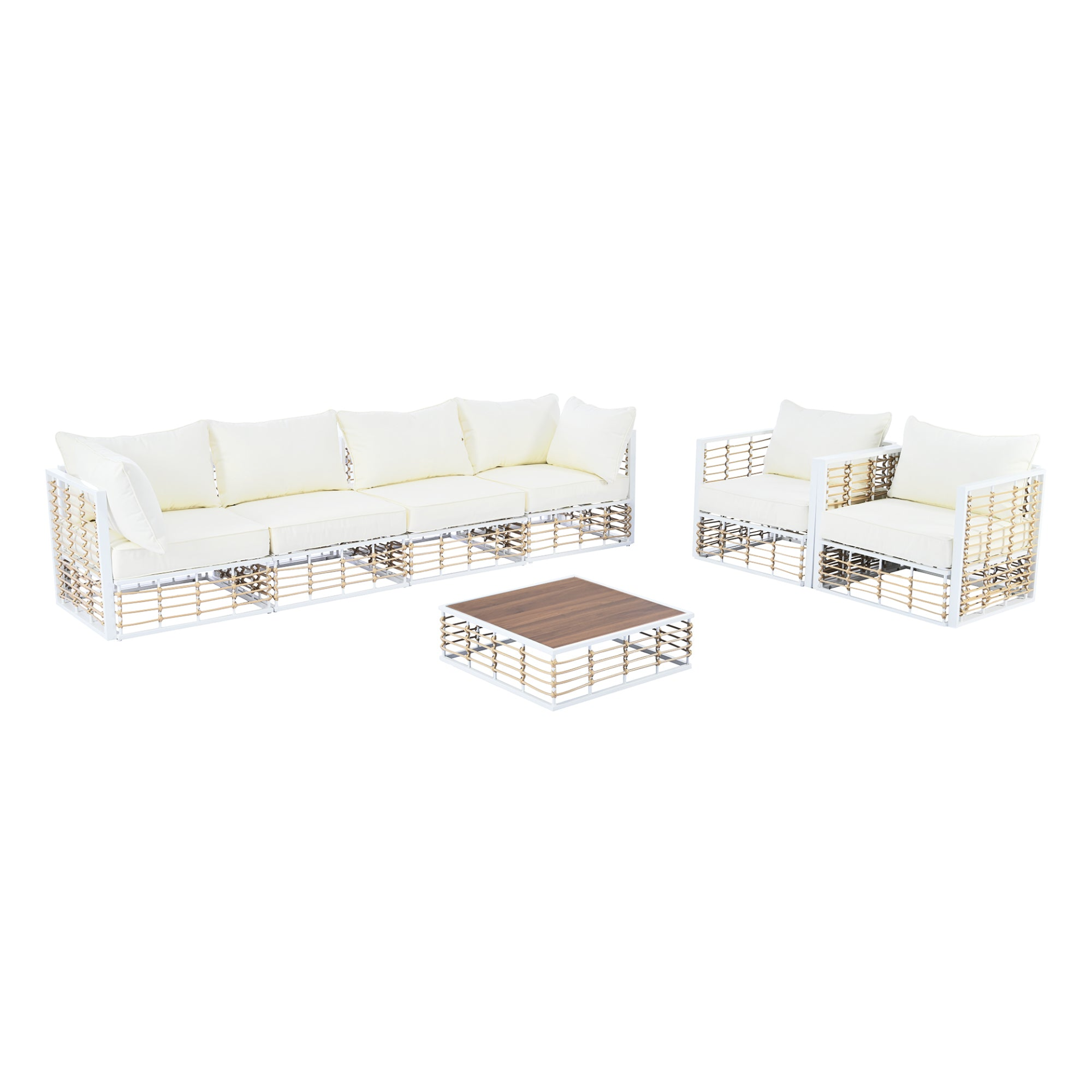 Modern Minimalist 7-Piece Metal Patio Sectional Sofa Set, All-Weather Garden Conversational Furniture Set with Thick Cushions and Coffee Table for Indoor Outdoor, White Môdern Space Gallery