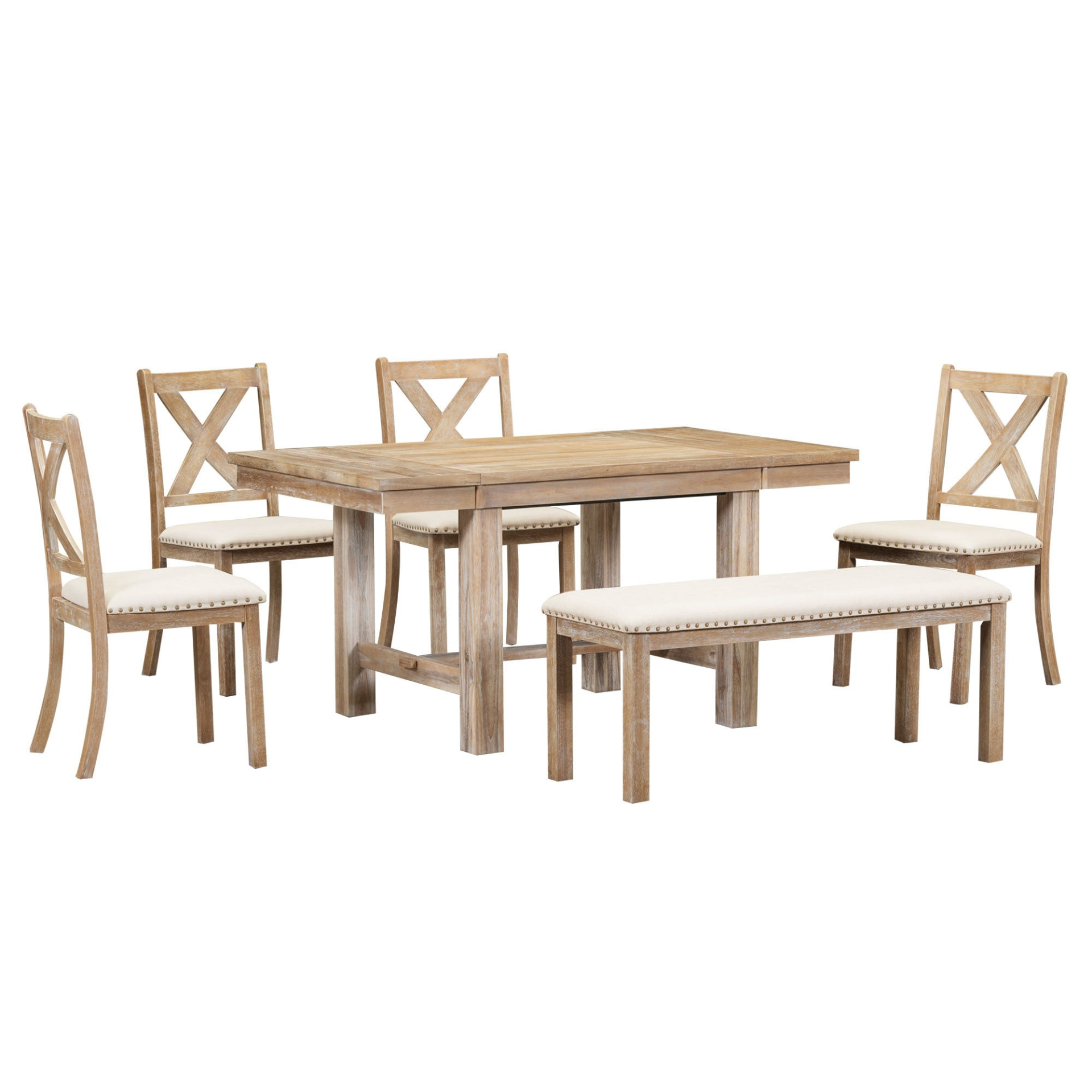 Farmhouse 82inch 6-Piece Extendable Dining Table with Footrest, 4 Upholstered Dining Chairs and Dining Bench, Two 11"Removable Leaf, Natural+Beige Cushion Môdern Space Gallery