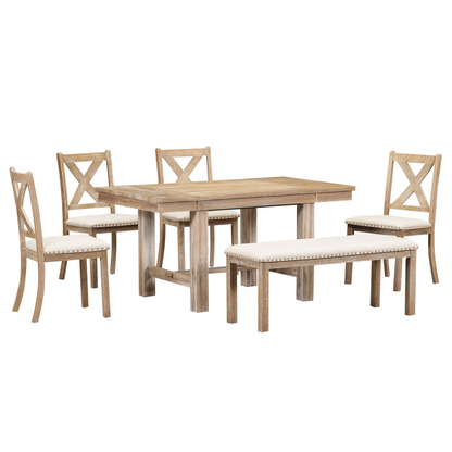 Farmhouse 82inch 6-Piece Extendable Dining Table with Footrest, 4 Upholstered Dining Chairs and Dining Bench, Two 11"Removable Leaf, Natural+Beige Cushion Môdern Space Gallery