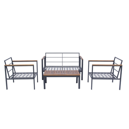 4 Piece Outdoor Sofa Set with Acacia Wood Top, Padded Patio Conversation Table Chair Set w/Coffee Table for Garden, Backyard, Poolside Dark Grey Cushion Môdern Space Gallery