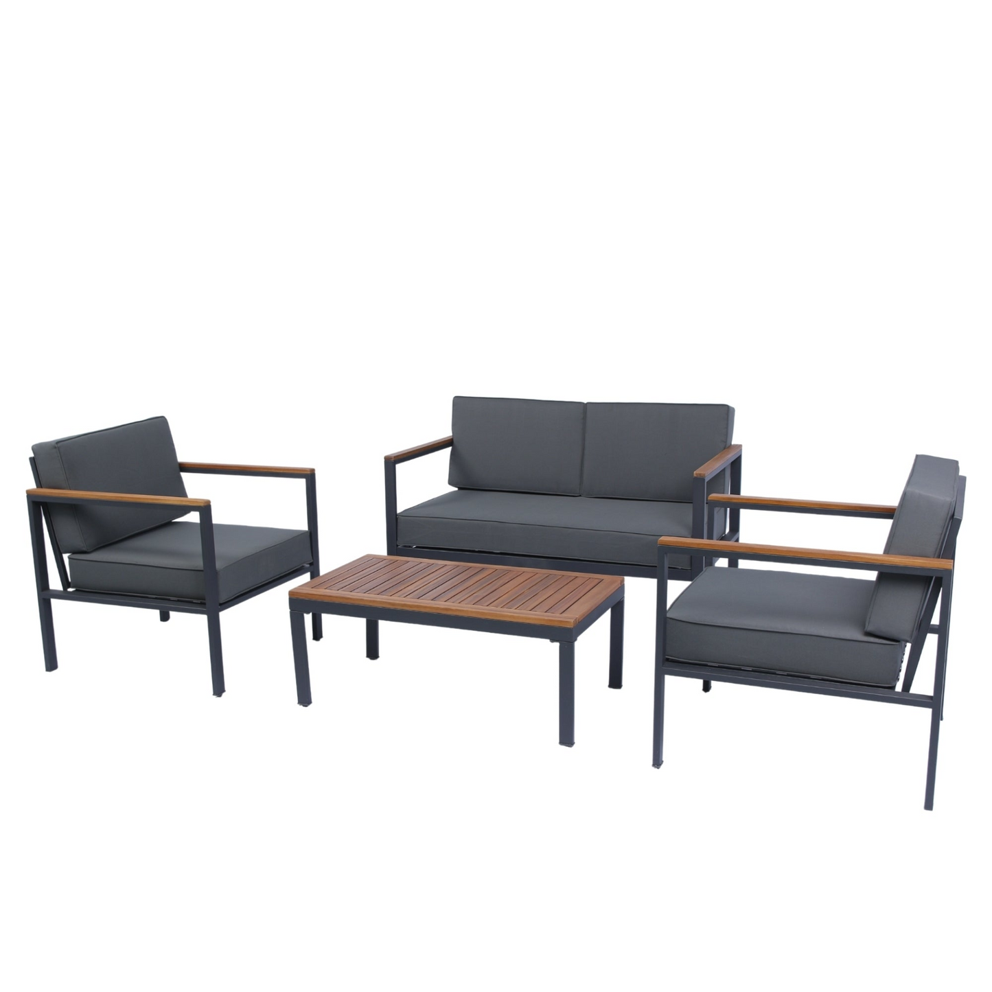 4 Piece Outdoor Sofa Set with Acacia Wood Top, Padded Patio Conversation Table Chair Set w/Coffee Table for Garden, Backyard, Poolside Dark Grey Cushion Môdern Space Gallery