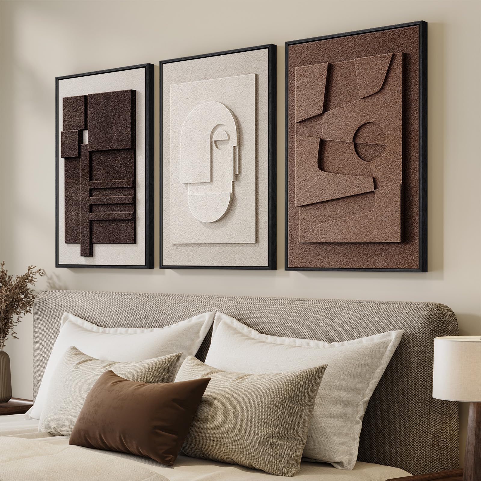 3D Textured Framed Brown and White Abstract Wall Art Set, 3 Piece 16x24 In 