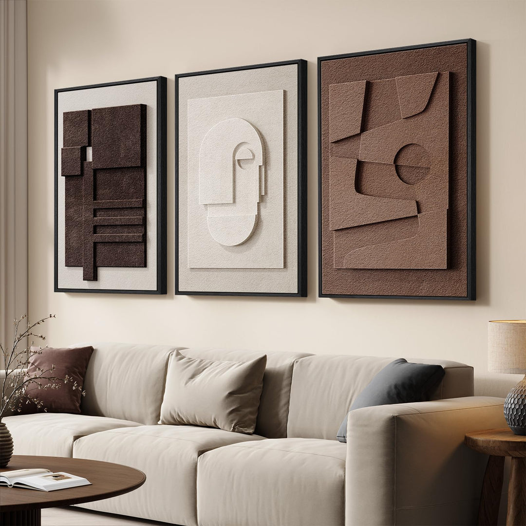 3D Textured Framed Brown and White Abstract Wall Art Set, 3 Piece 16x24 In 