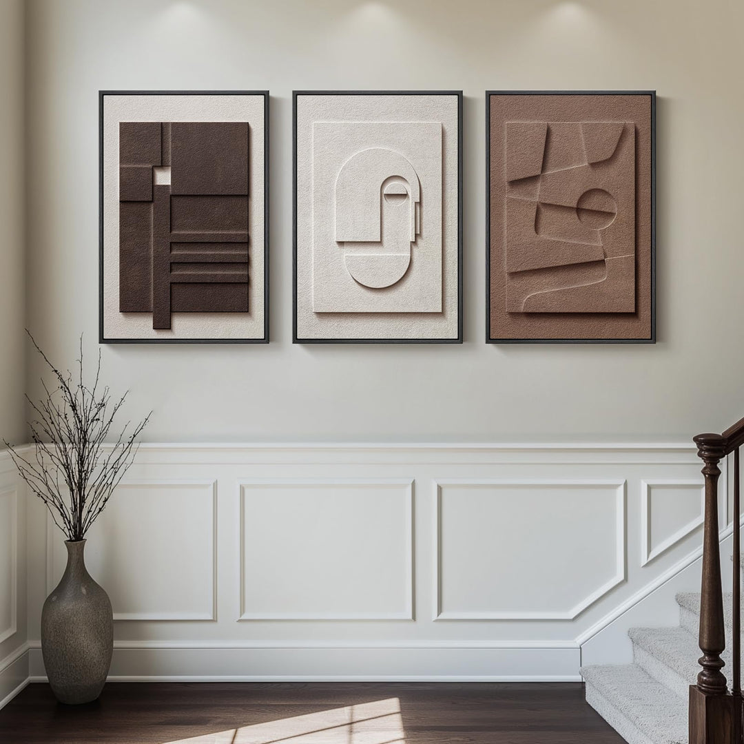 3D Textured Framed Brown and White Abstract Wall Art Set, 3 Piece 16x24 In 